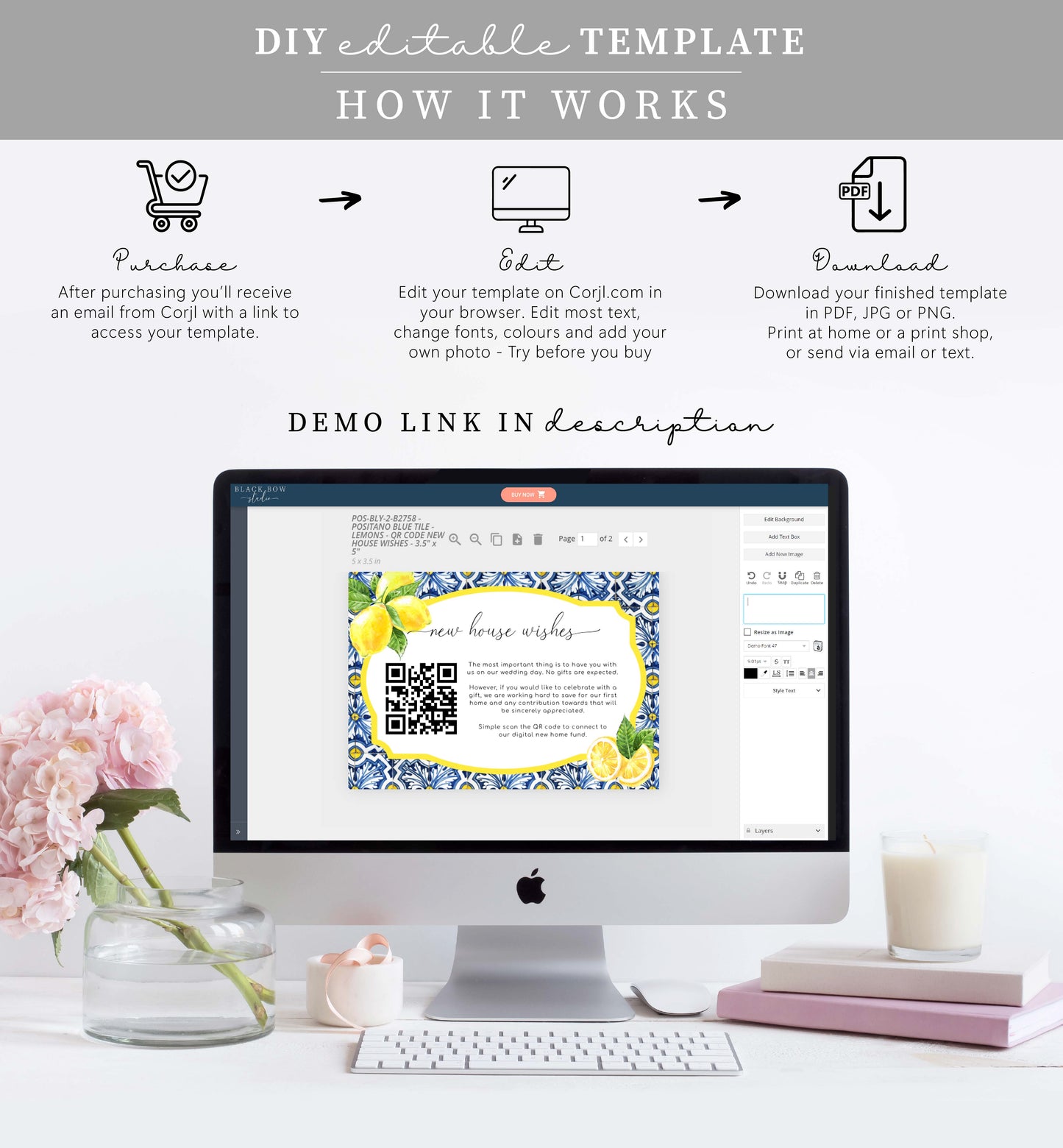 Positano Blue Tile Lemons | Printable QR New Home Fund Card Template