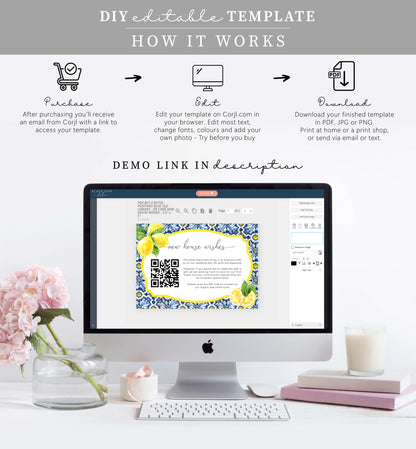 Positano Blue Tile Lemons | Printable QR New Home Fund Card Template