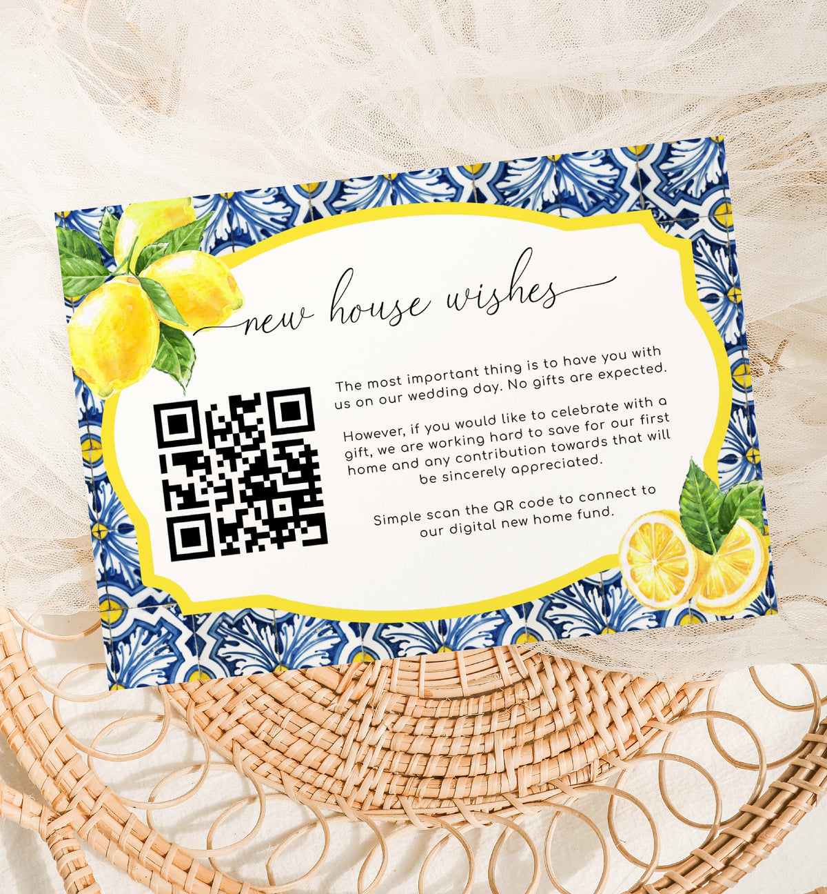 Positano Blue Tile Lemons | Printable QR New Home Fund Card Template ...