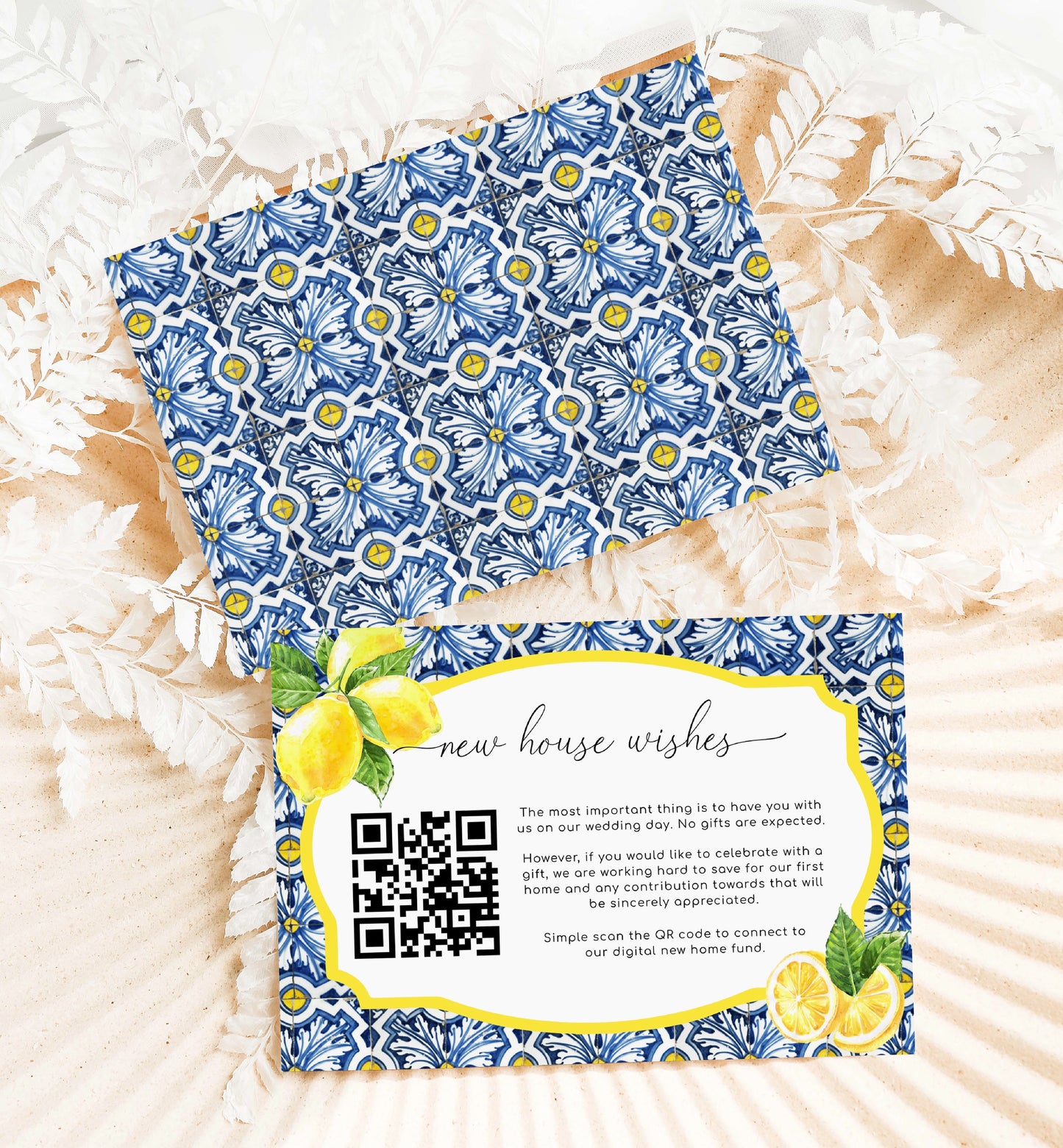 Positano Blue Tile Lemons | Printable QR New Home Fund Card Template