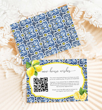 Positano Blue Tile Lemons | Printable QR New Home Fund Card Template