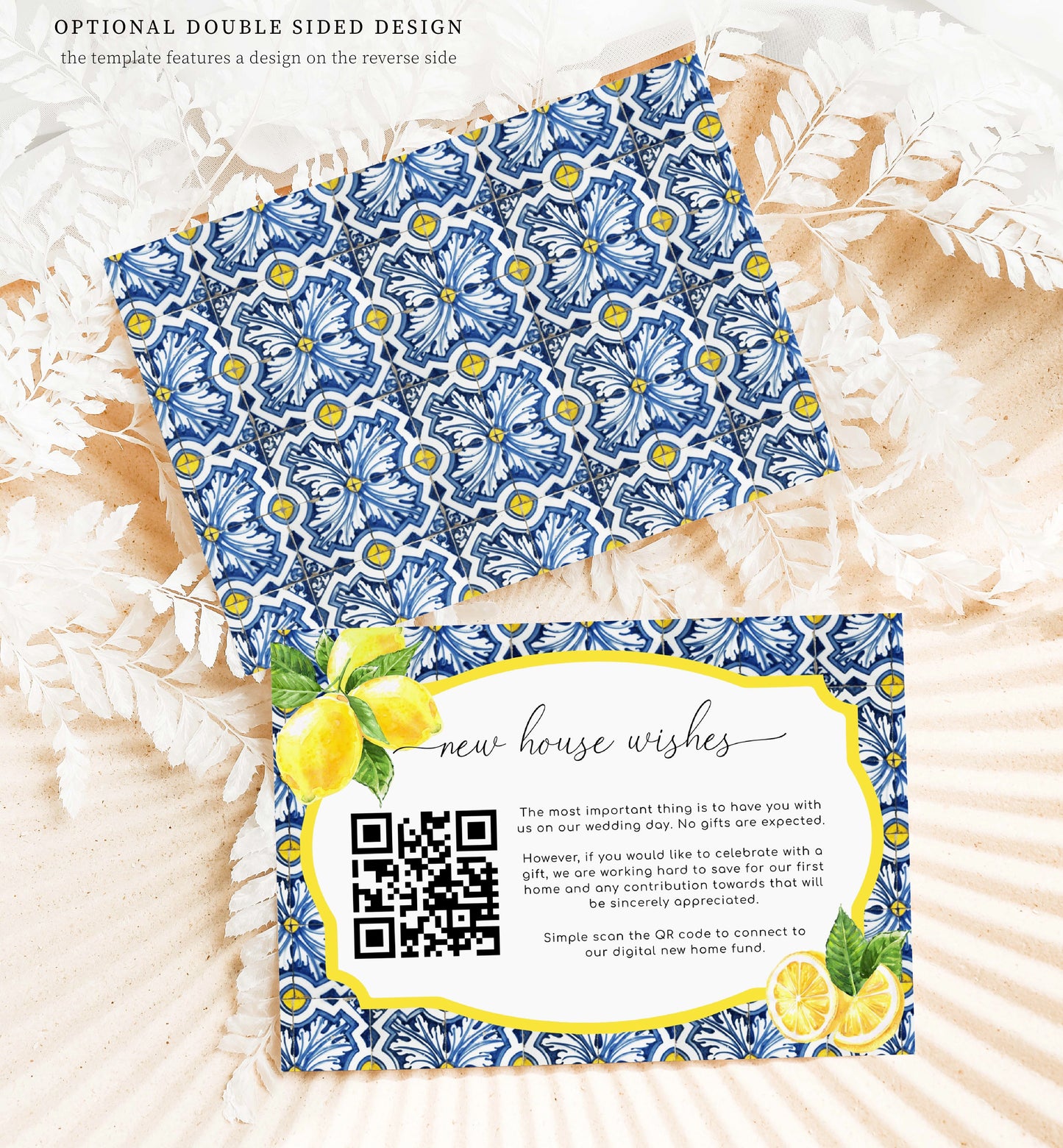 Positano Blue Tile Lemons | Printable QR New Home Fund Card Template
