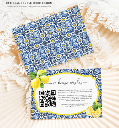 Positano Blue Tile Lemons | Printable QR New Home Fund Card Template