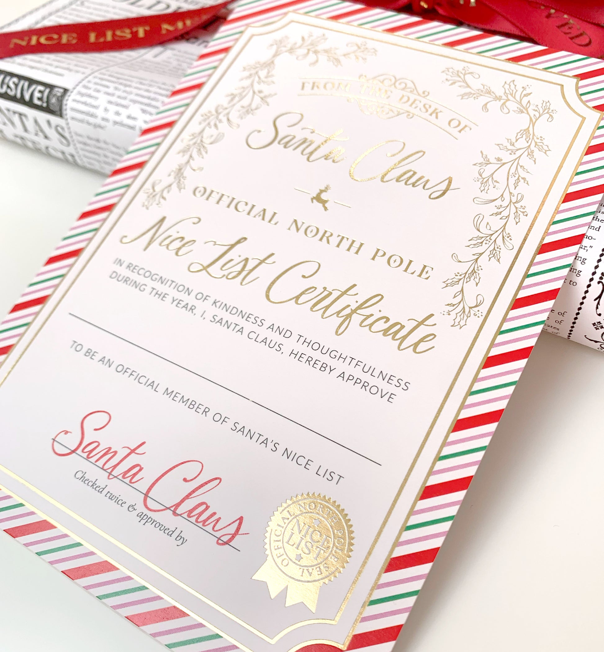 Nice List Certificate, Santa's Official Nice List Certificate, Christmas Eve Box, Stocking Stuffer Gift, Festive Stripe
