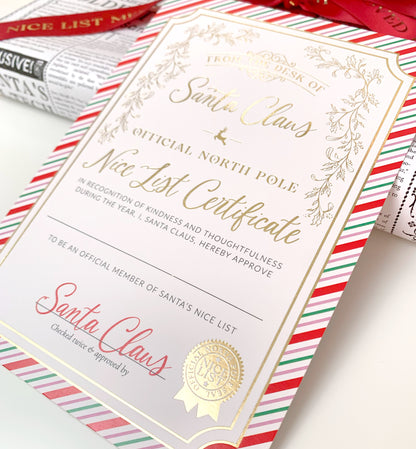 Nice List Certificate, Santa's Official Nice List Certificate, Christmas Eve Box, Stocking Stuffer Gift, Festive Stripe