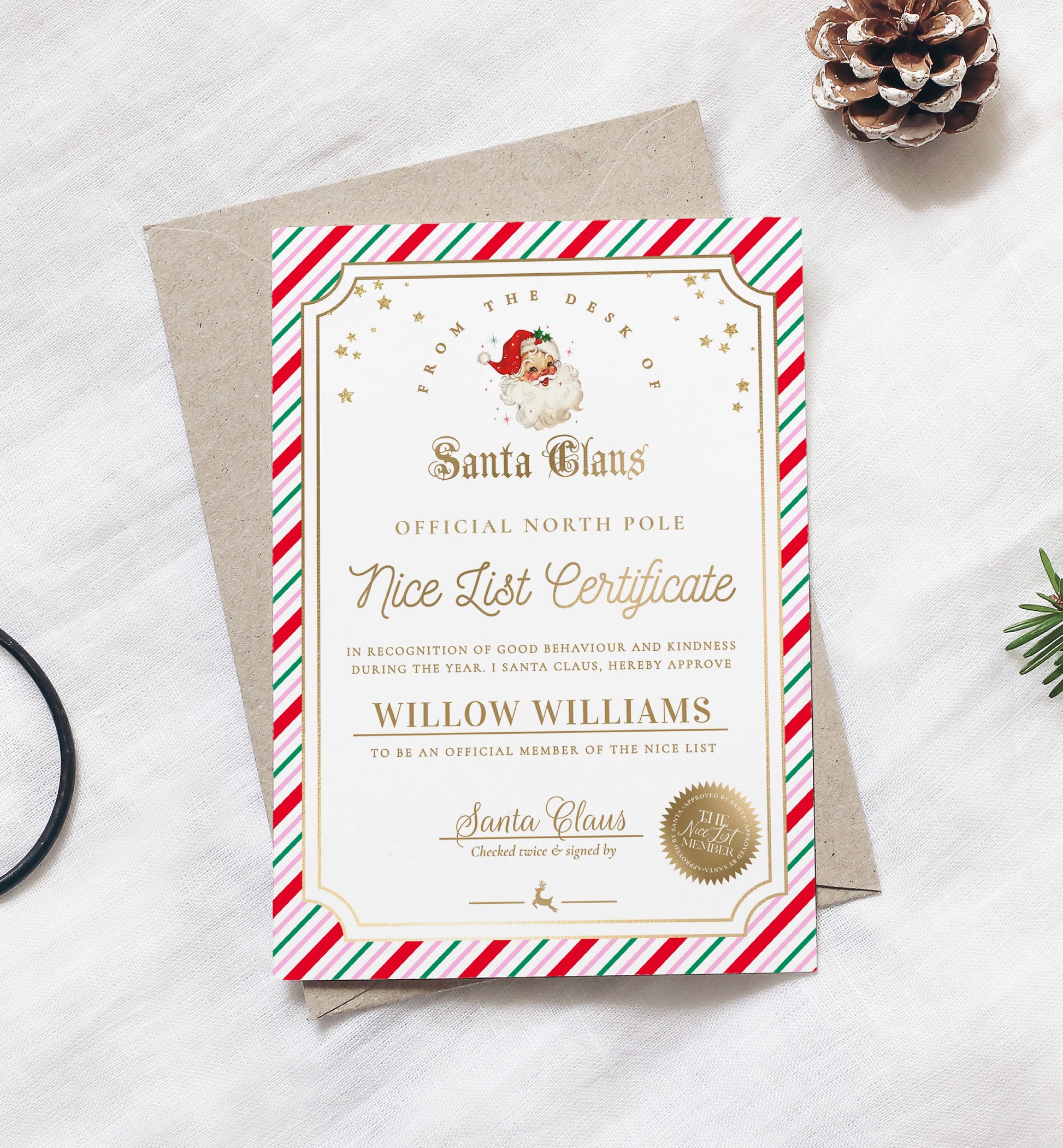 Printable Nice List Certificate Template, Approved Nice List Member Letter From Santa Claus, North Pole Mail Christmas Nice List, Stripe