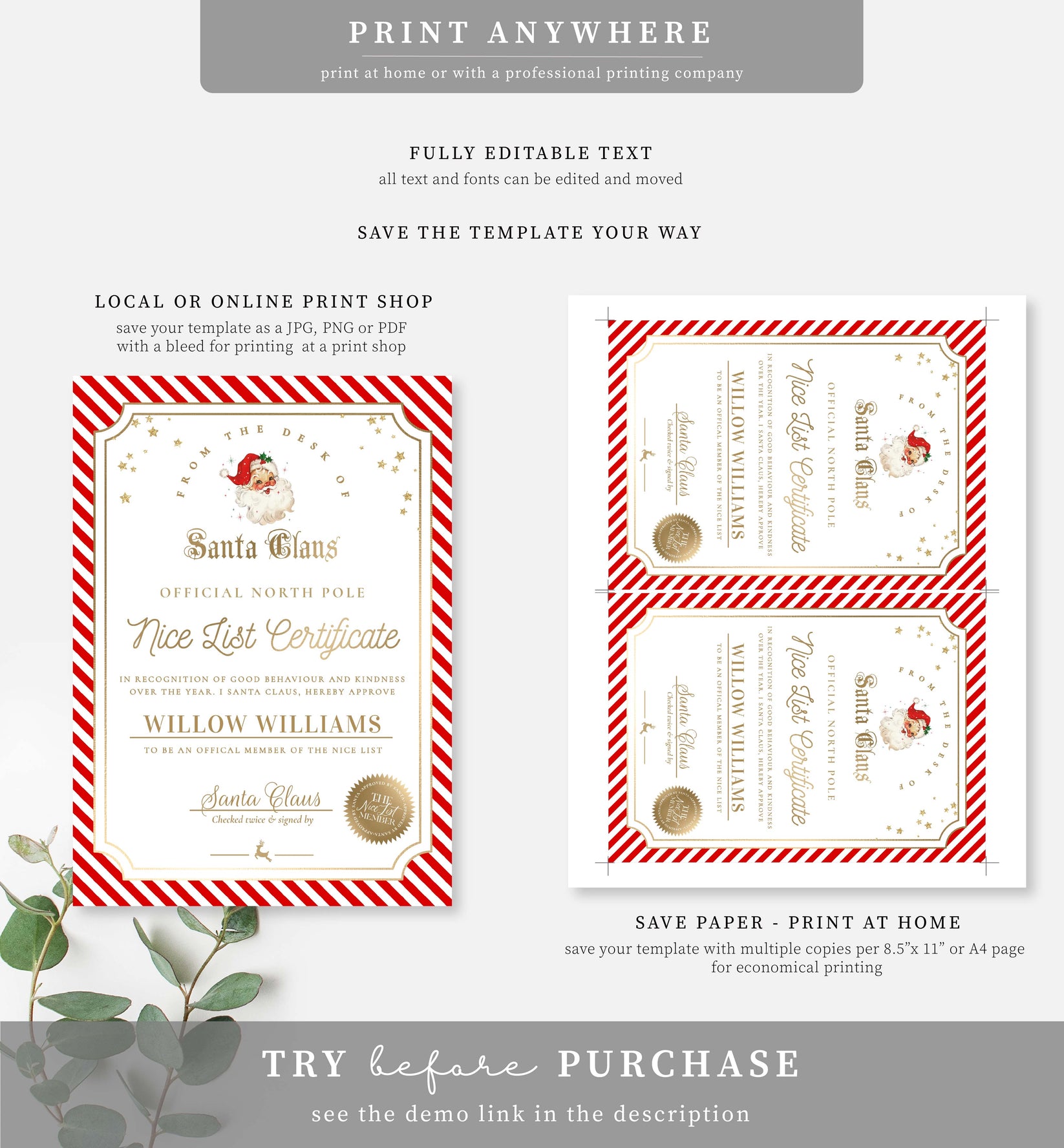 Santa's Red Printable Christmas Nice List Certificate Templ
