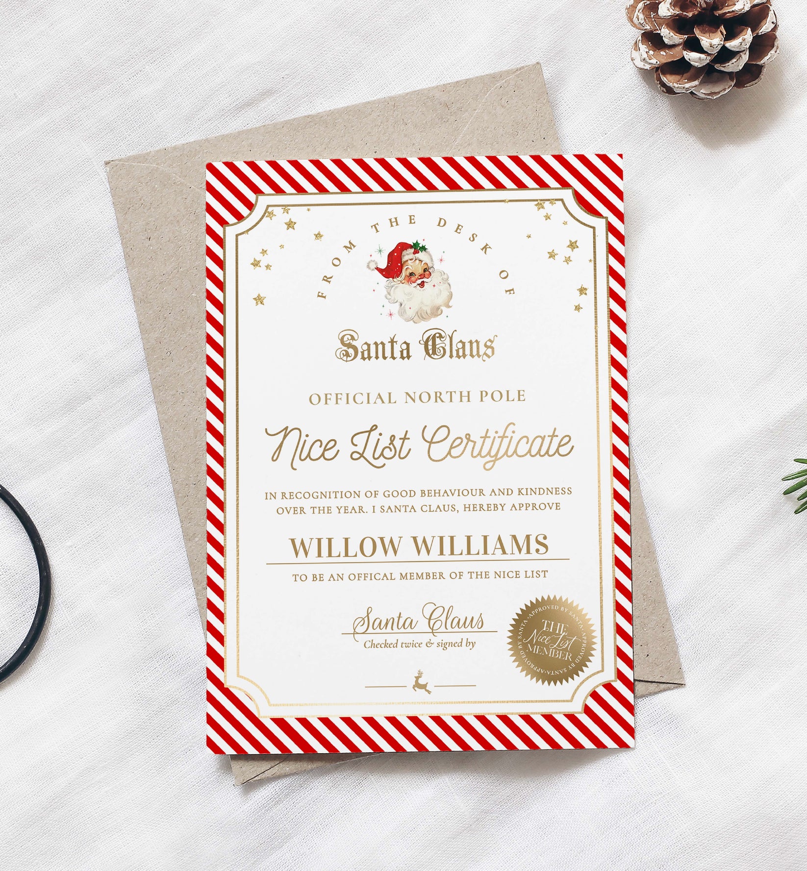 Santa's Red Printable Christmas Nice List Certificate Templ