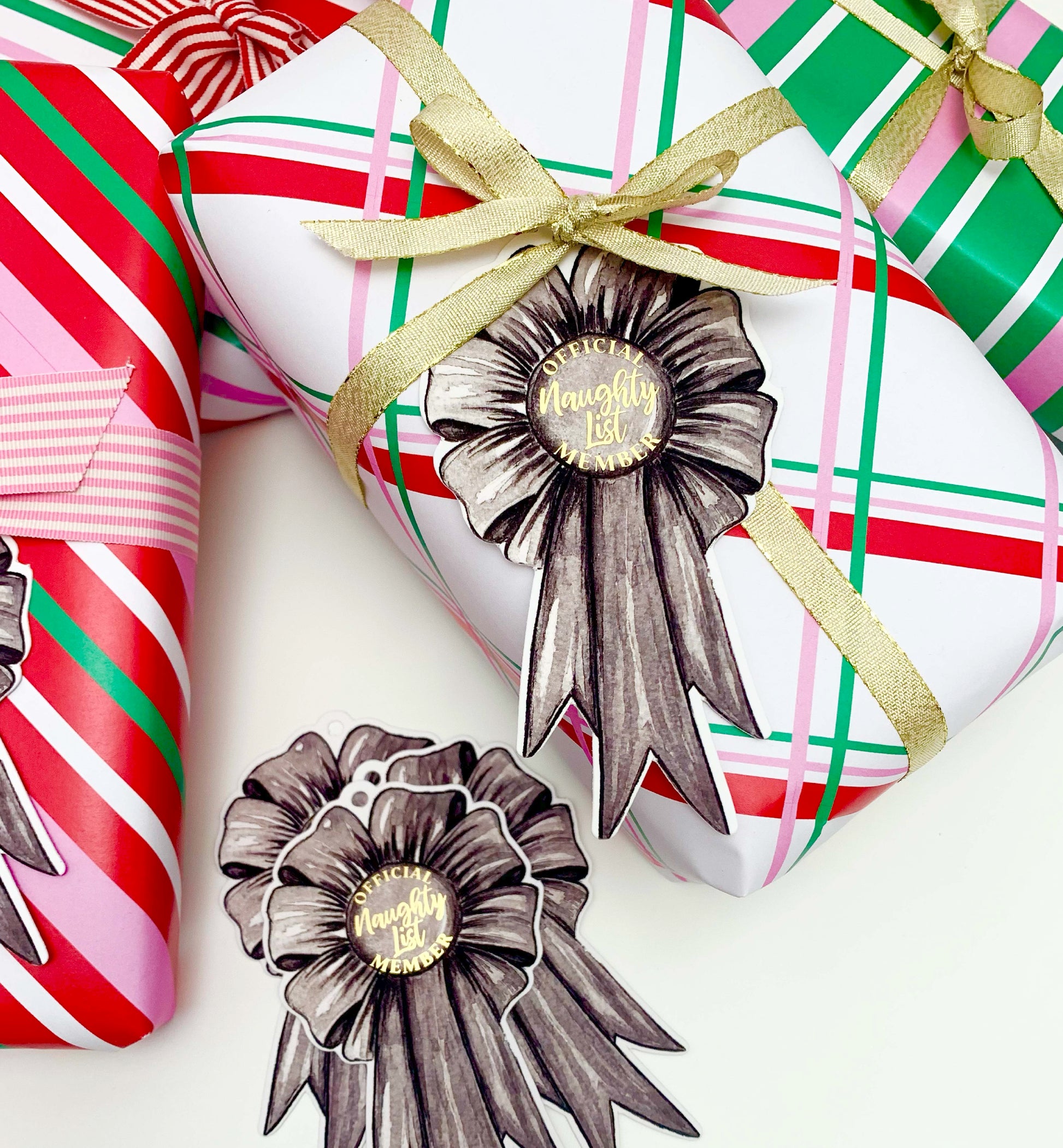 Set of 6 Naughty List Member Rosette Christmas Gift Tags, Christmas Wrapping Official Naughty List Member Rosette Tags, Christmas Swing Tag