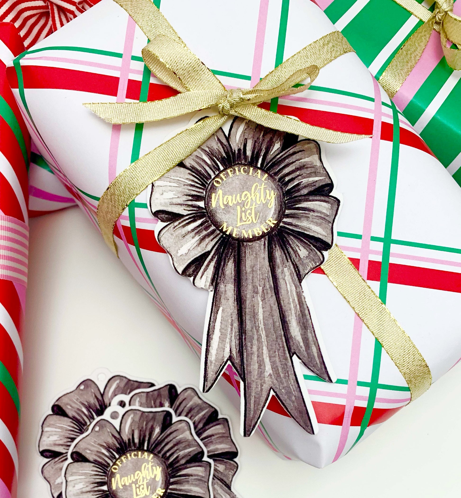 Set of 6 Naughty List Member Rosette Christmas Gift Tags, Christmas Wrapping Official Naughty List Member Rosette Tags, Christmas Swing Tag