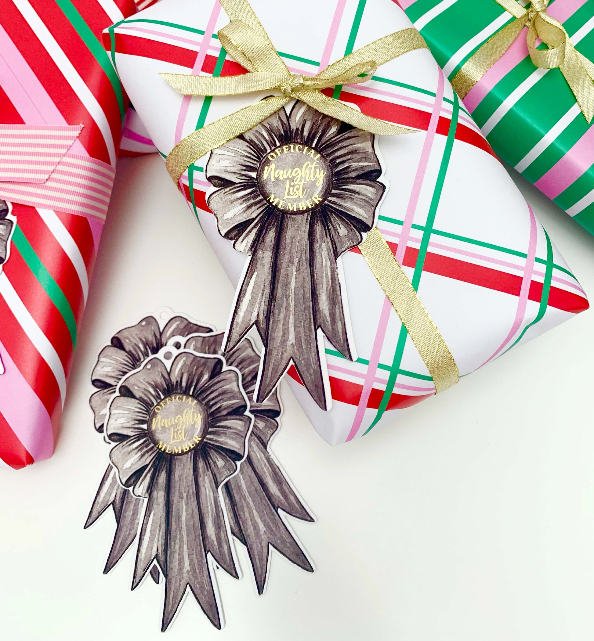 Set of 6 Naughty List Member Rosette Christmas Gift Tags, Christmas Wrapping Official Naughty List Member Rosette Tags, Christmas Swing Tag