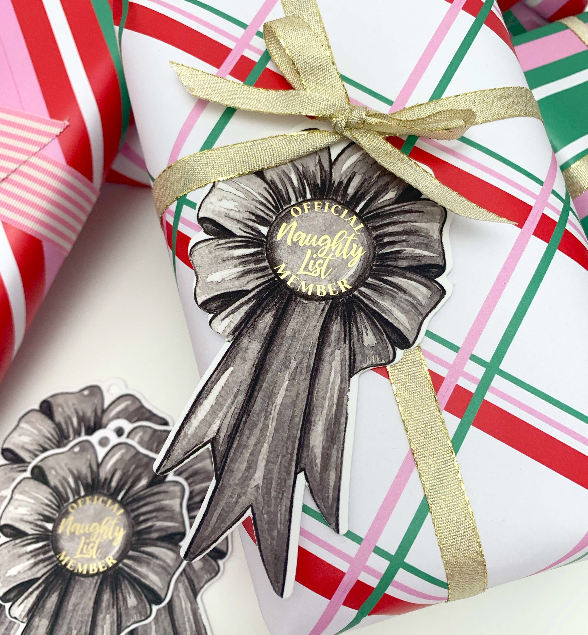 Set of 6 Naughty List Member Rosette Christmas Gift Tags, Christmas Wrapping Official Naughty List Member Rosette Tags, Christmas Swing Tag