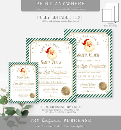 Santa's Workshop Green | Printable Christmas Nice List Certificate Template