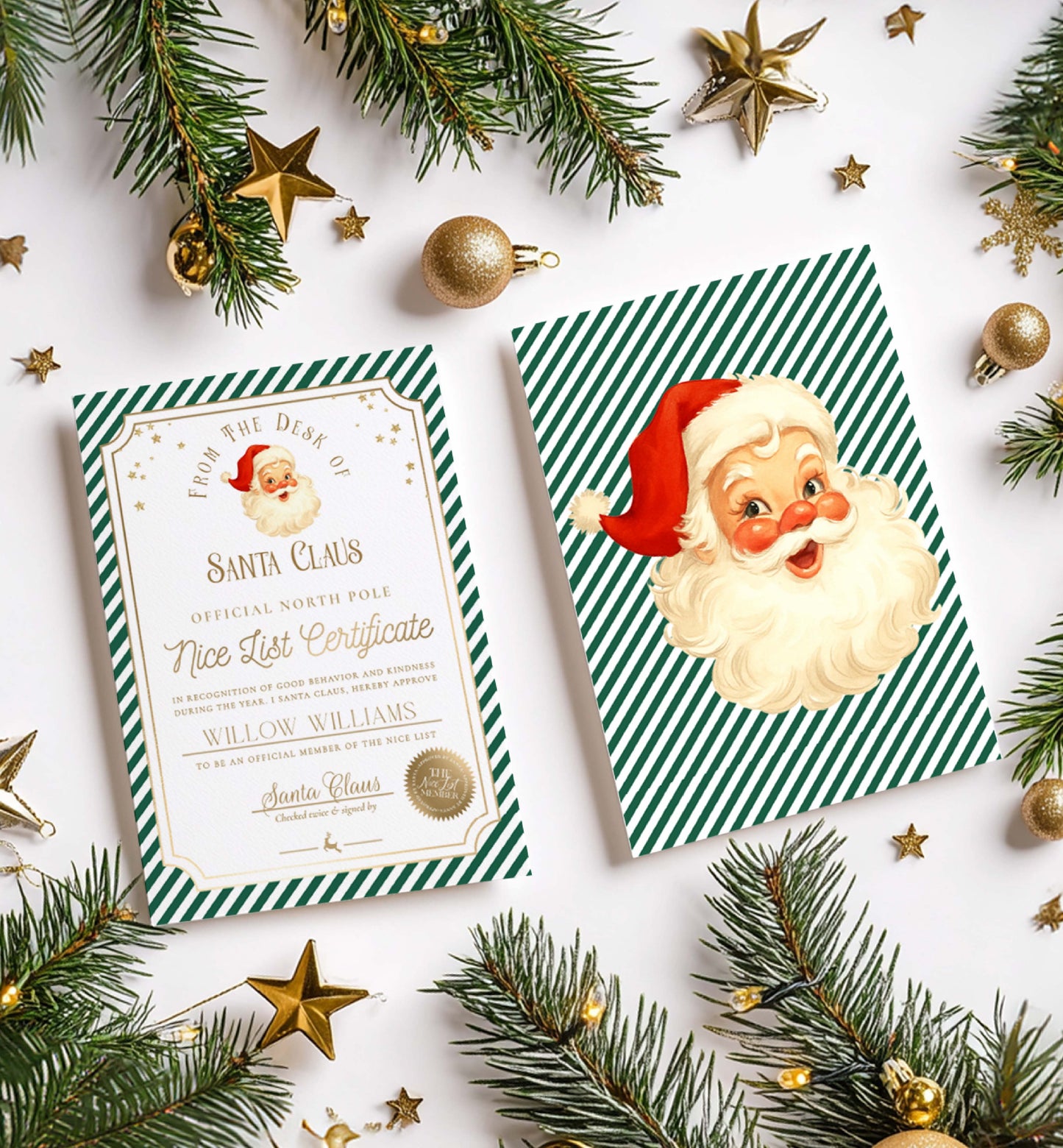 Two Christmas-themed cards with Santa Claus on a white background with festive decorations. Printable Nice List Certificate Template, Approved Nice List Member Letter From Santa Claus, North Pole Mail Christmas Nice List, Stripe