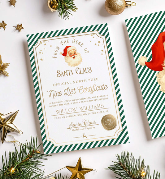 Christmas-themed certificate with Santa Claus design on a white background with festive decorations. Printable Nice List Certificate Template, Approved Nice List Member Letter From Santa Claus, North Pole Mail Christmas Nice List, Stripe