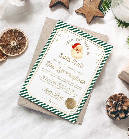 Santa Claus certificate with green and white striped border on a snowy background with Christmas decorations. Printable Nice List Certificate Template, Approved Nice List Member Letter From Santa Claus, North Pole Mail Christmas Nice List, Stripe