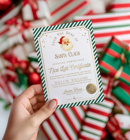 Hand holding a Santa Claus Nice List Certificate with Christmas-themed background. Printable Nice List Certificate Template, Approved Nice List Member Letter From Santa Claus, North Pole Mail Christmas Nice List, Stripe