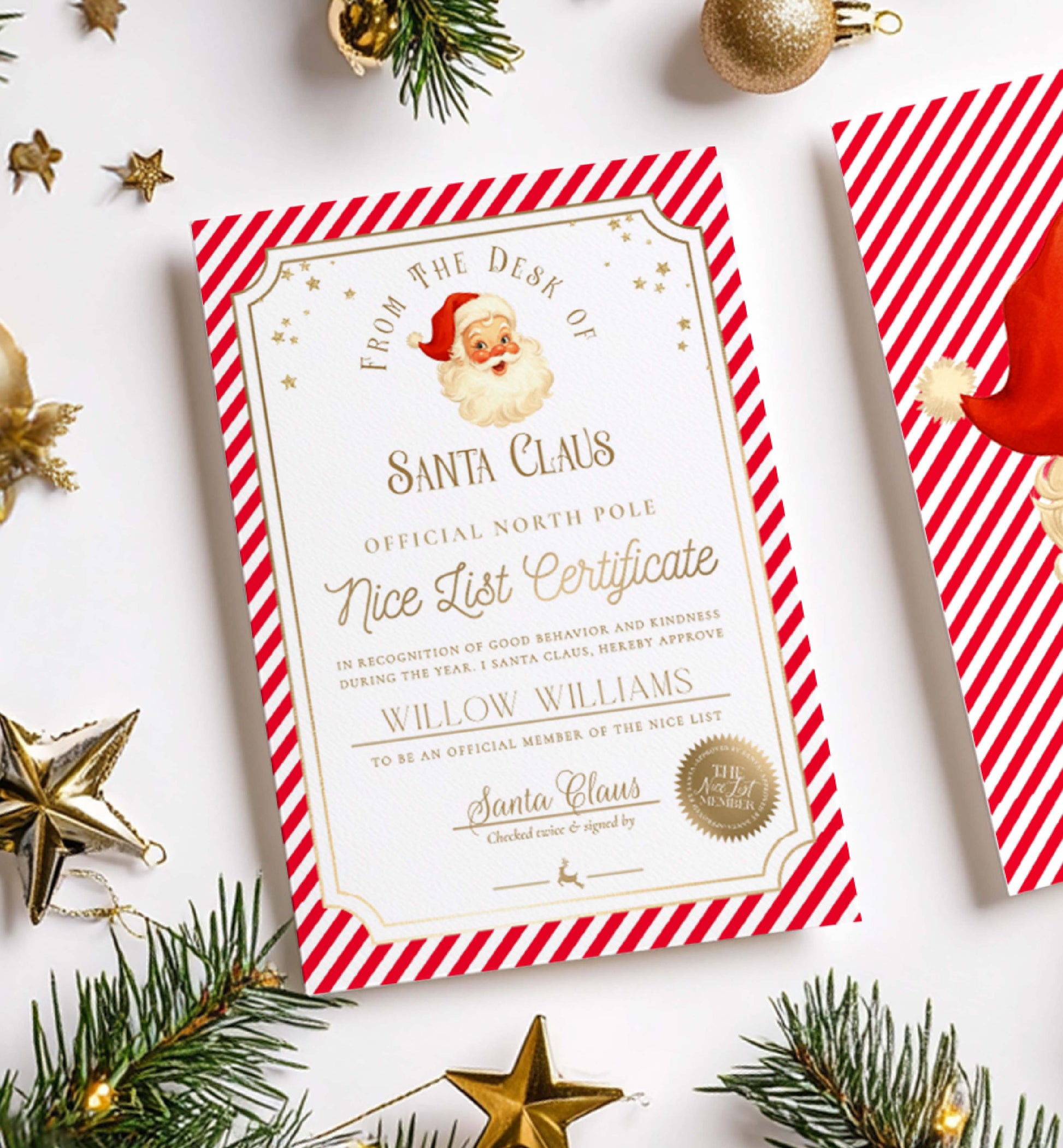 Santa Claus Nice List Certificate with red and white striped border on a festive background. Printable Nice List Certificate Template, Approved Nice List Member Letter From Santa Claus, North Pole Mail Christmas Nice List, Stripe Red