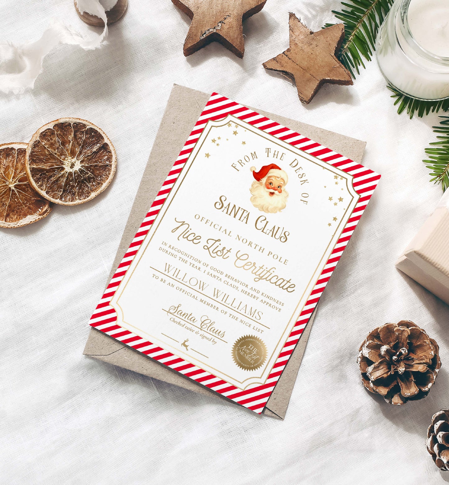 Santa Claus Nice List Certificate on a textured surface with decorative elements. Printable Nice List Certificate Template, Approved Nice List Member Letter From Santa Claus, North Pole Mail Christmas Nice List, Stripe Red