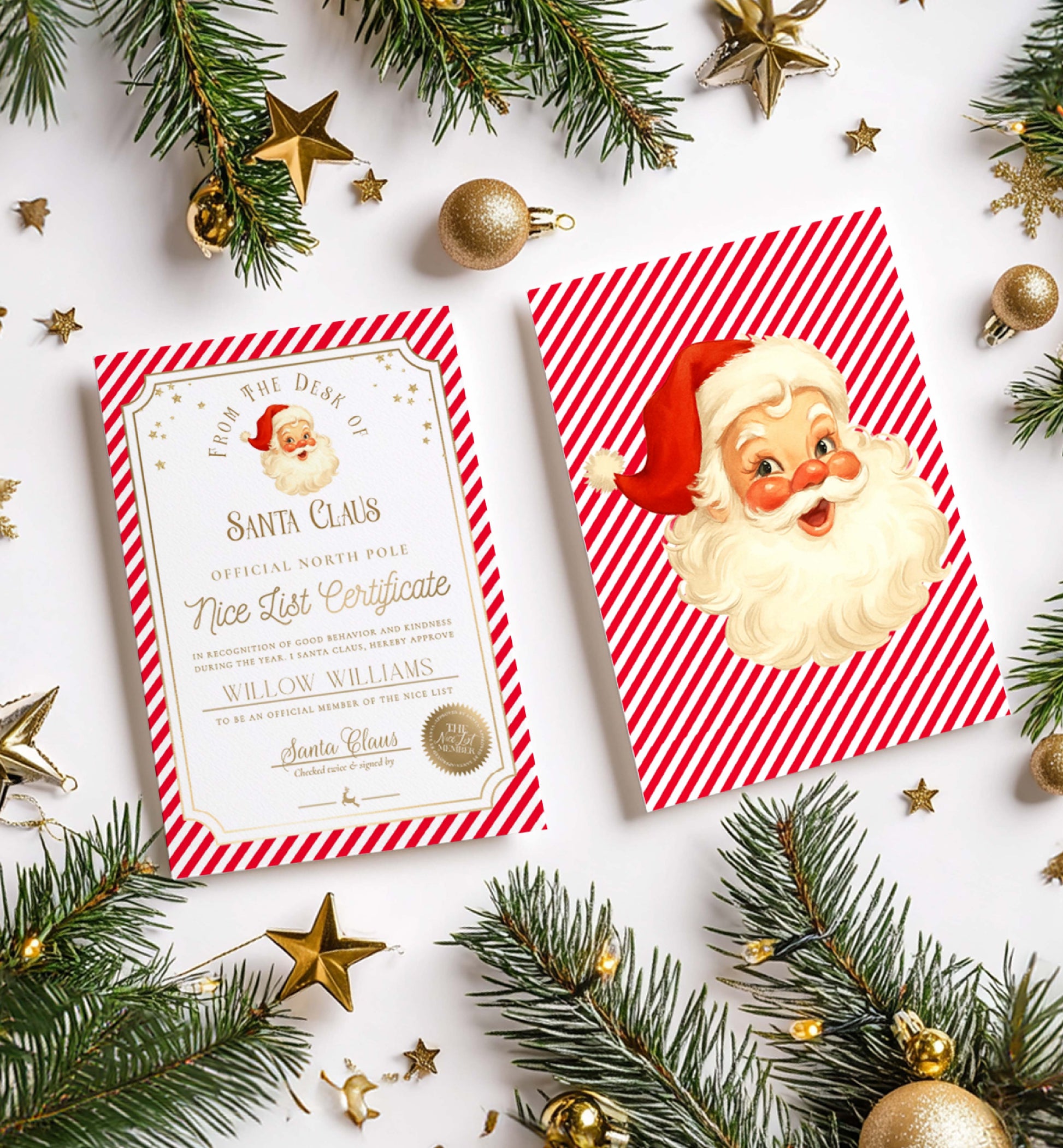 Two Christmas-themed cards with Santa Claus on a white background with festive decorations. Printable Nice List Certificate Template, Approved Nice List Member Letter From Santa Claus, North Pole Mail Christmas Nice List, Stripe Red