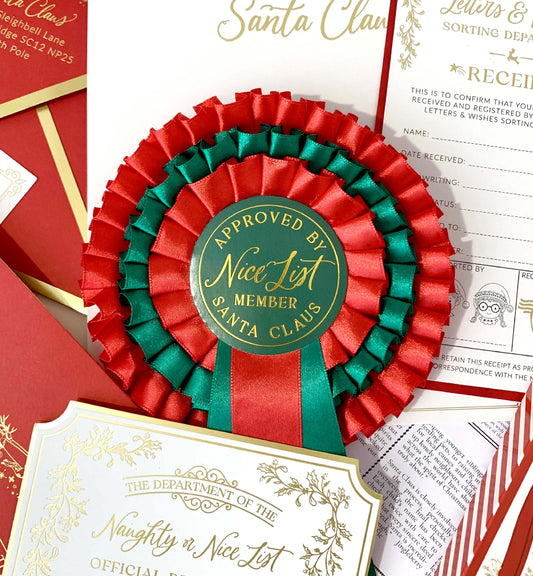 Decorative rosette with 'Approved by Nice List Santa Clauses' text on a festive background with letters and envelopes. Nice List Member Rosette Pink Red Green, Christmas Eve Box Gift, Present From Santa Claus, Kids Christmas Gift, Nice List Member Gift