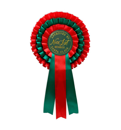 Red and green ribbon with 'Approved by Nice List Santa Claus' badge on a white background. Nice List Member Rosette Pink Red Green, Christmas Eve Box Gift, Present From Santa Claus, Kids Christmas Gift, Nice List Member Gift