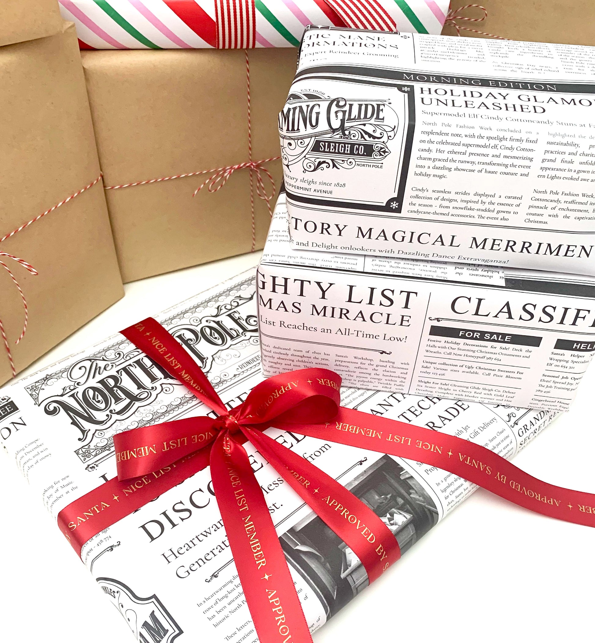 Wrapping Paper  North Pole Chronicle Newspaper - 3 Sheets – Black