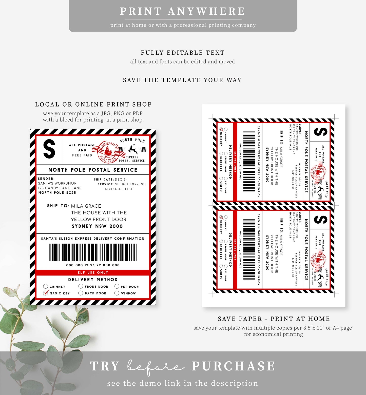 Santa's Workshop Black Red | Printable Christmas Shipping Label Template