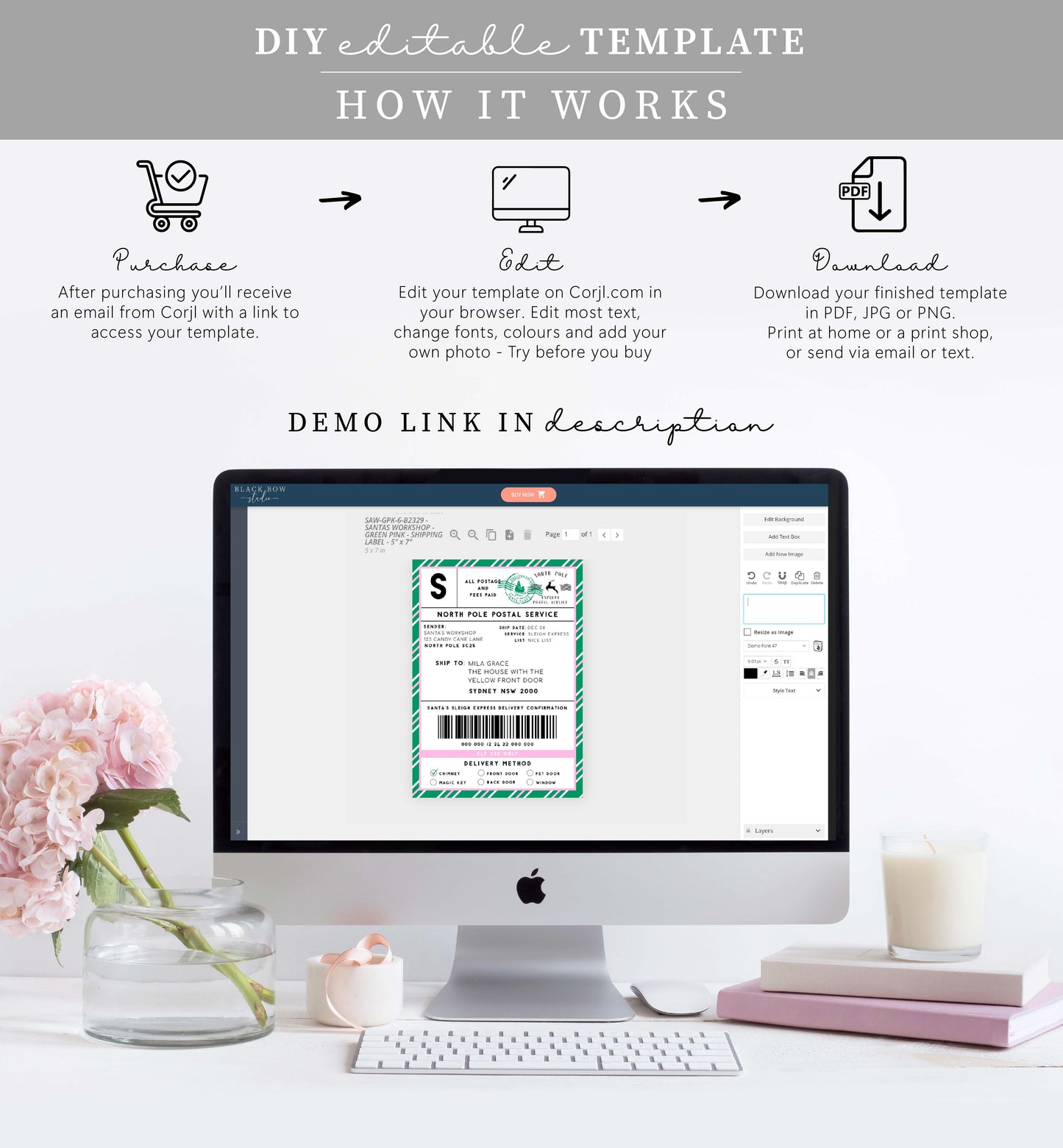 Santa's Workshop Green Pink | Printable Christmas Shipping Label Template