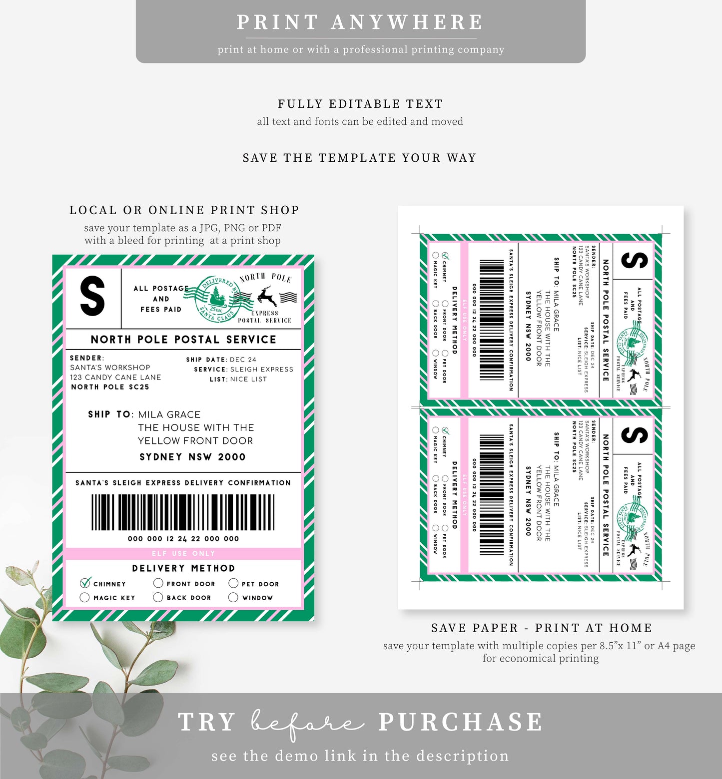 Santa's Workshop Green Pink | Printable Christmas Shipping Label Template