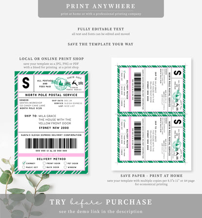 Santa's Workshop Green Pink | Printable Christmas Shipping Label Template