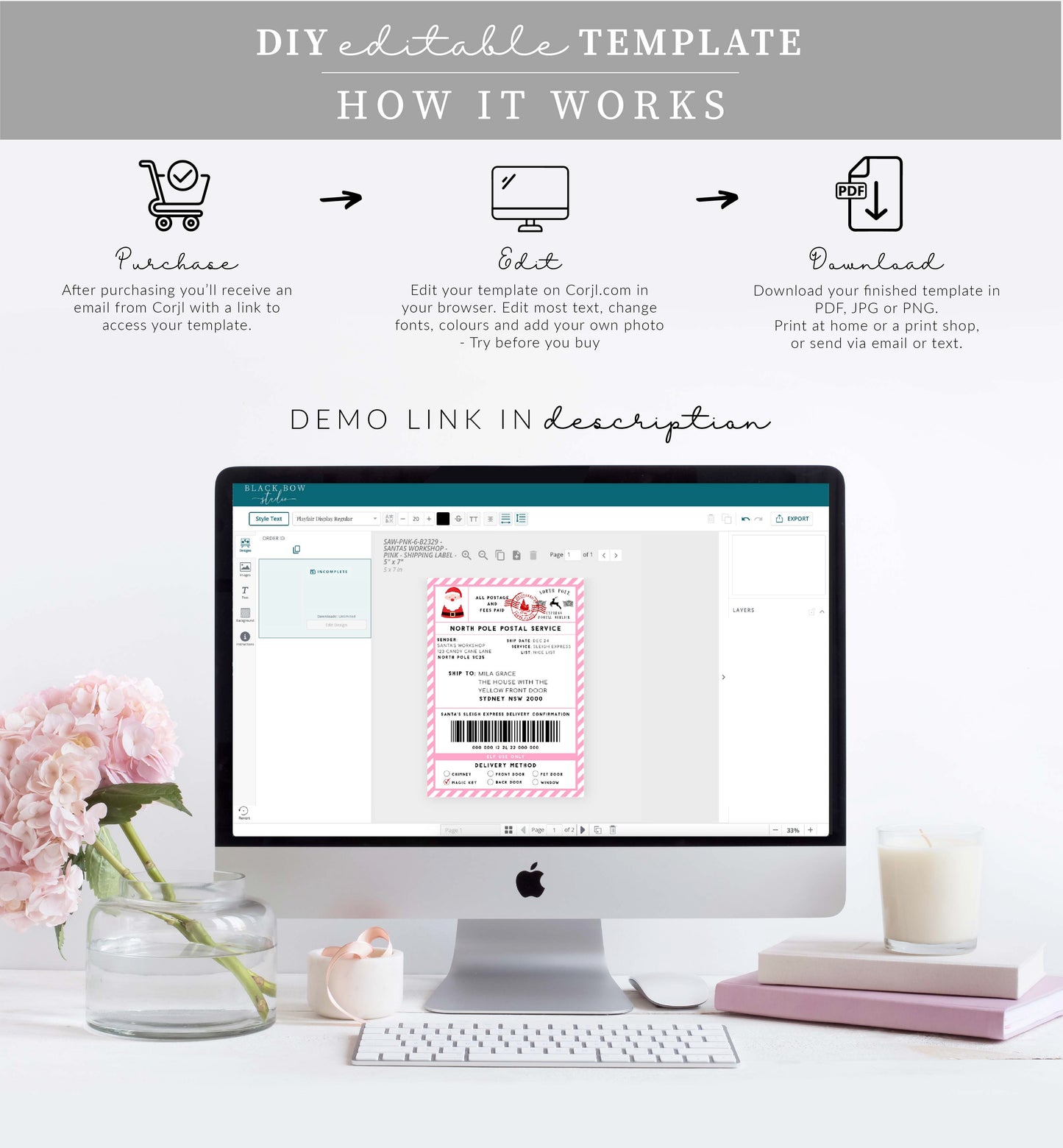 Santa's Workshop Pink | Printable Christmas Shipping Label Template