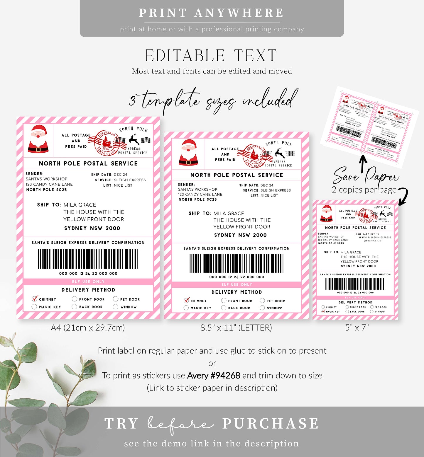 Santa's Workshop Pink | Printable Christmas Shipping Label Template