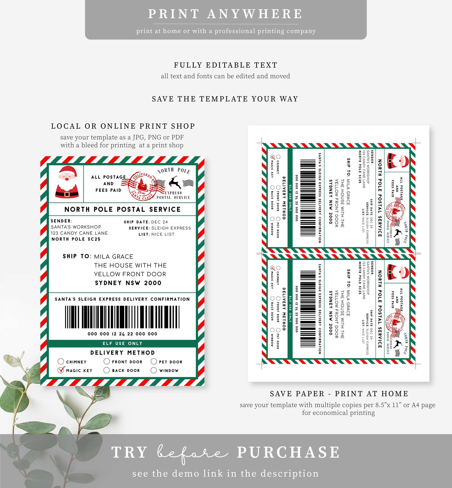 Santa's Workshop Red Green | Printable Christmas Shipping Label Template