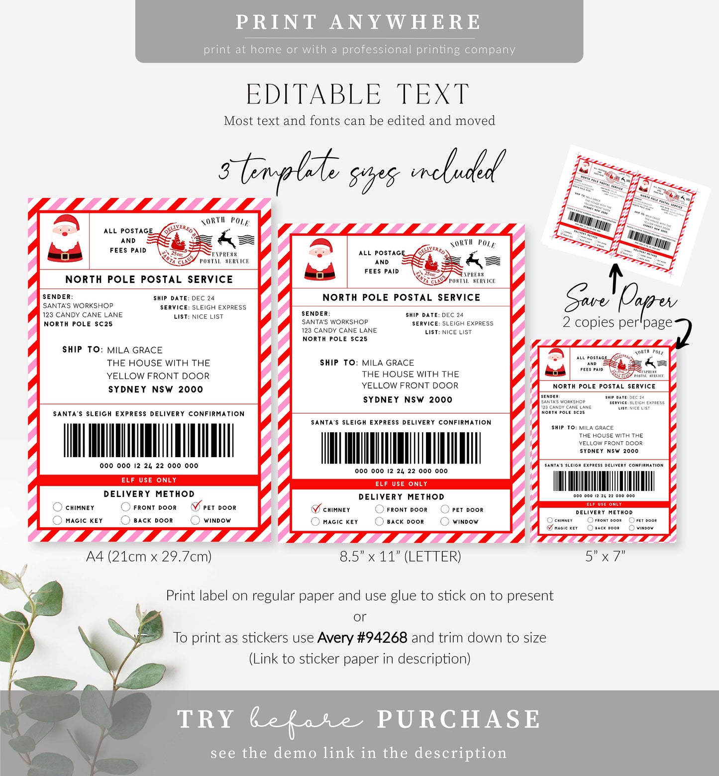 Santa's Workshop Red Pink | Printable Christmas Shipping Label Template