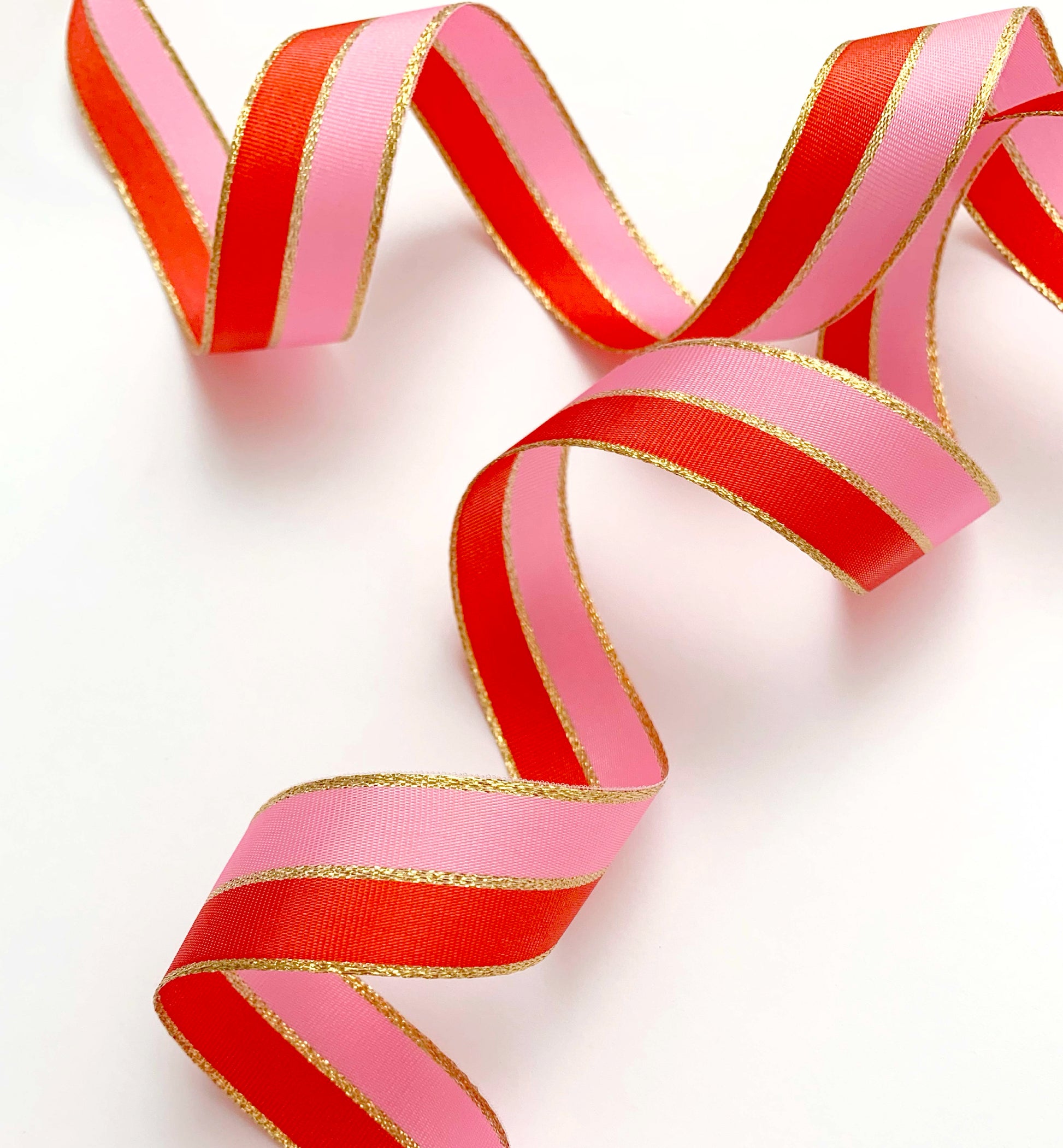Pink Poppy Red Gold Striped Ribbon, 25mm Wide Striped Ribbon, Christmas Decorations Craft and Wrap, Bows Presents Wrapping Ribbon