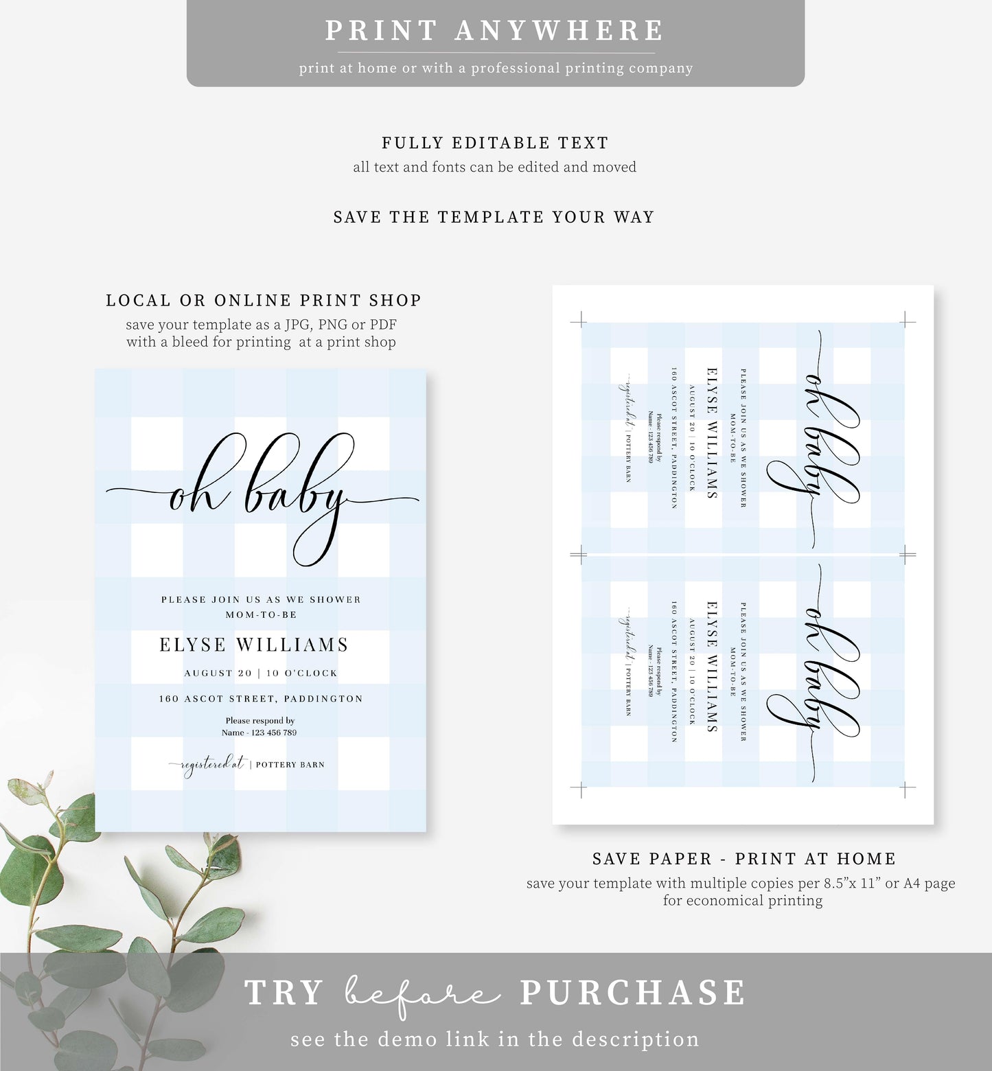Gingham Blue | Printable Oh Baby Shower Invitation Template