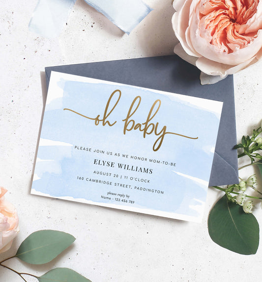 Oh Baby Shower Invitation, Printable Baby Shower Invitation Template, Blue Watercolour, Gold, Boy Baby Shower Invite, Baby Sprinkle Invite