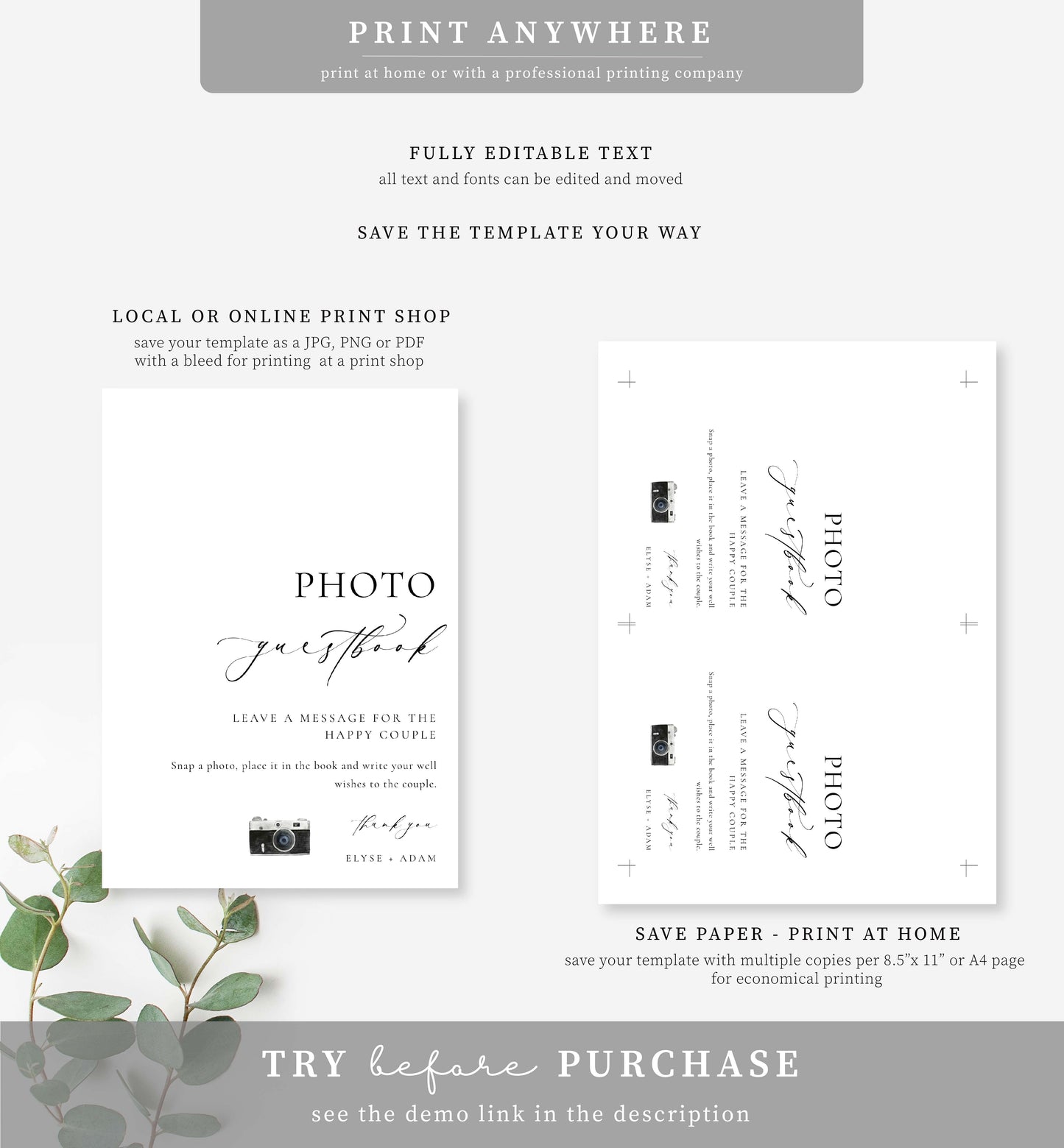 Ellesmere White | Printable Photo Guestbook Sign Template