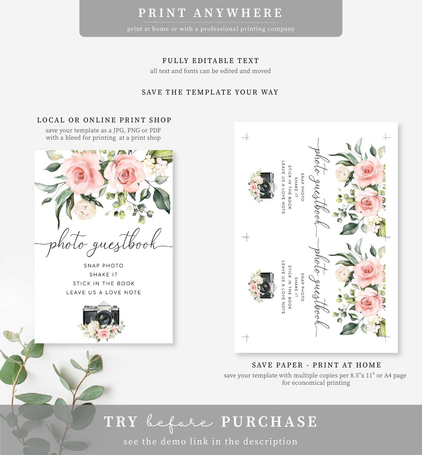 Darcy Floral Pink | Printable Photo Guestbook Sign Template