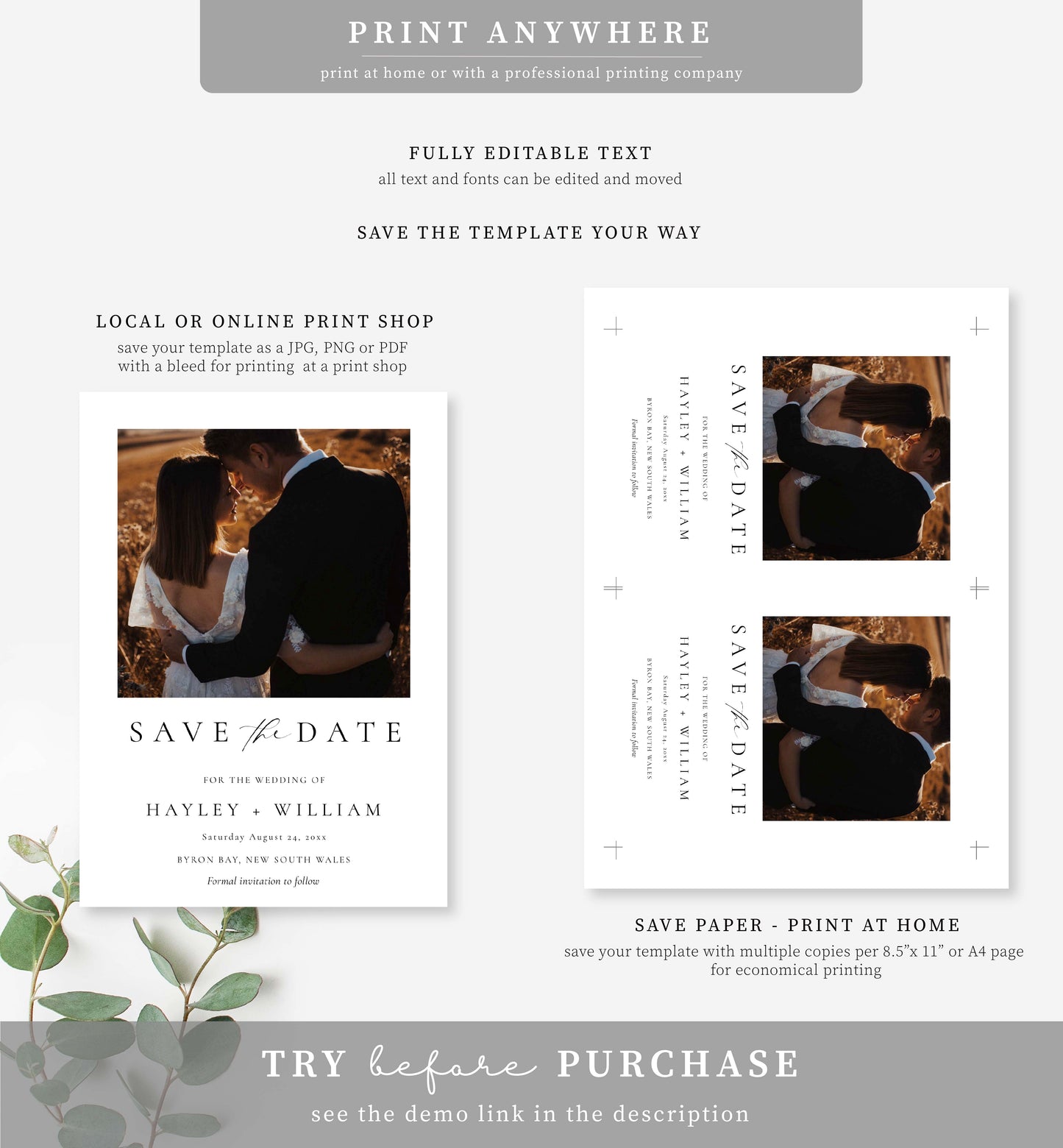 Ellesmere White | Printable Photo Save The Date Postcard Template