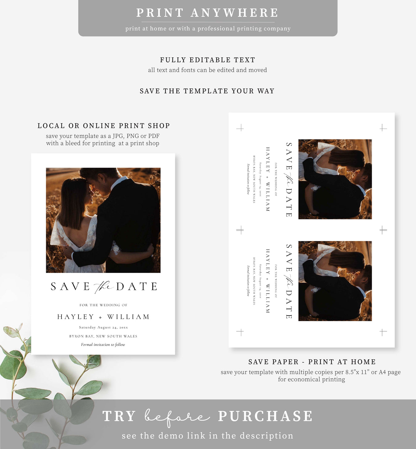 Ellesmere White | Printable Photo Save The Date Postcard Template ...