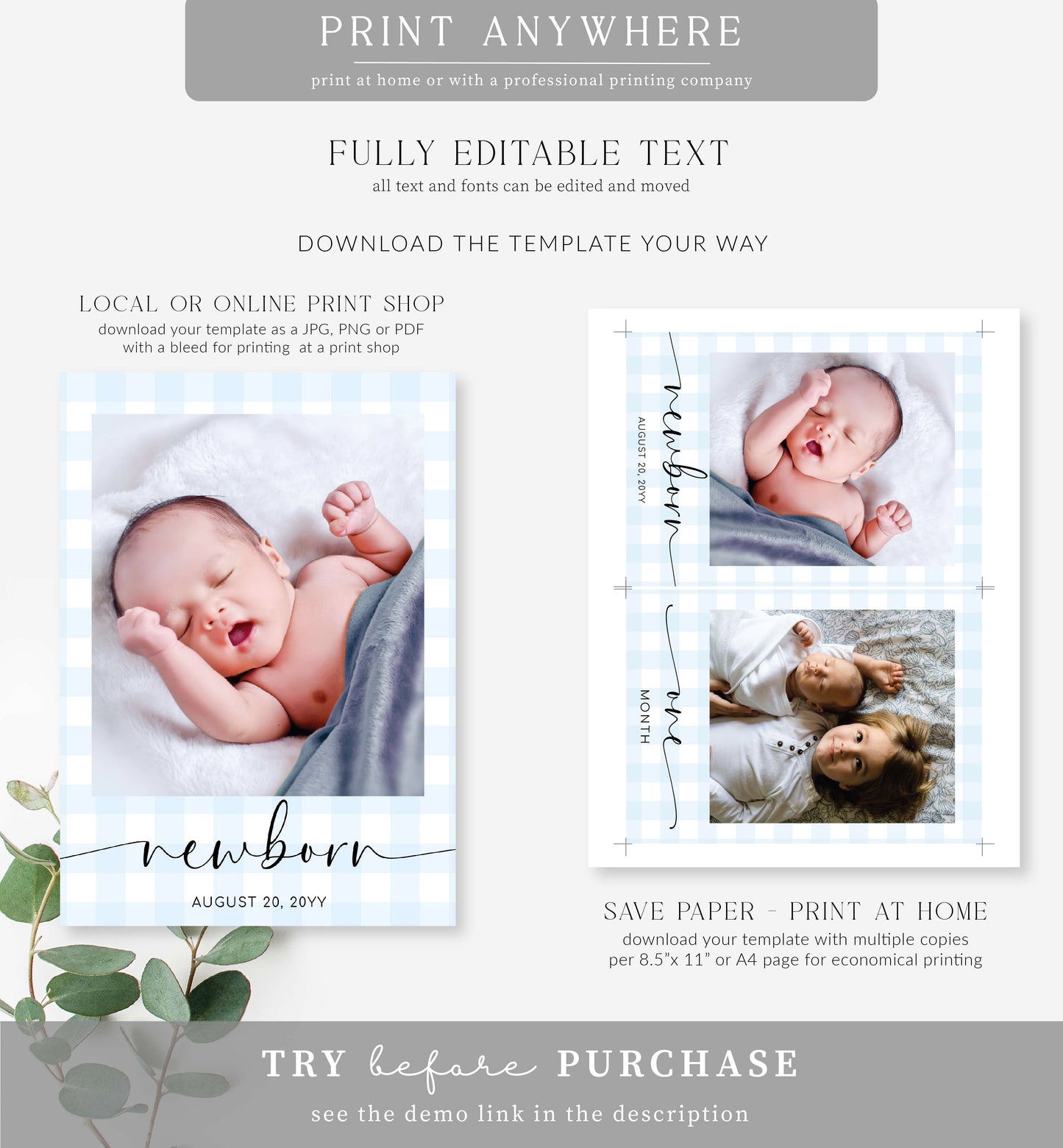 Gingham Blue | Printable First Birthday Photo Timeline Banner Template