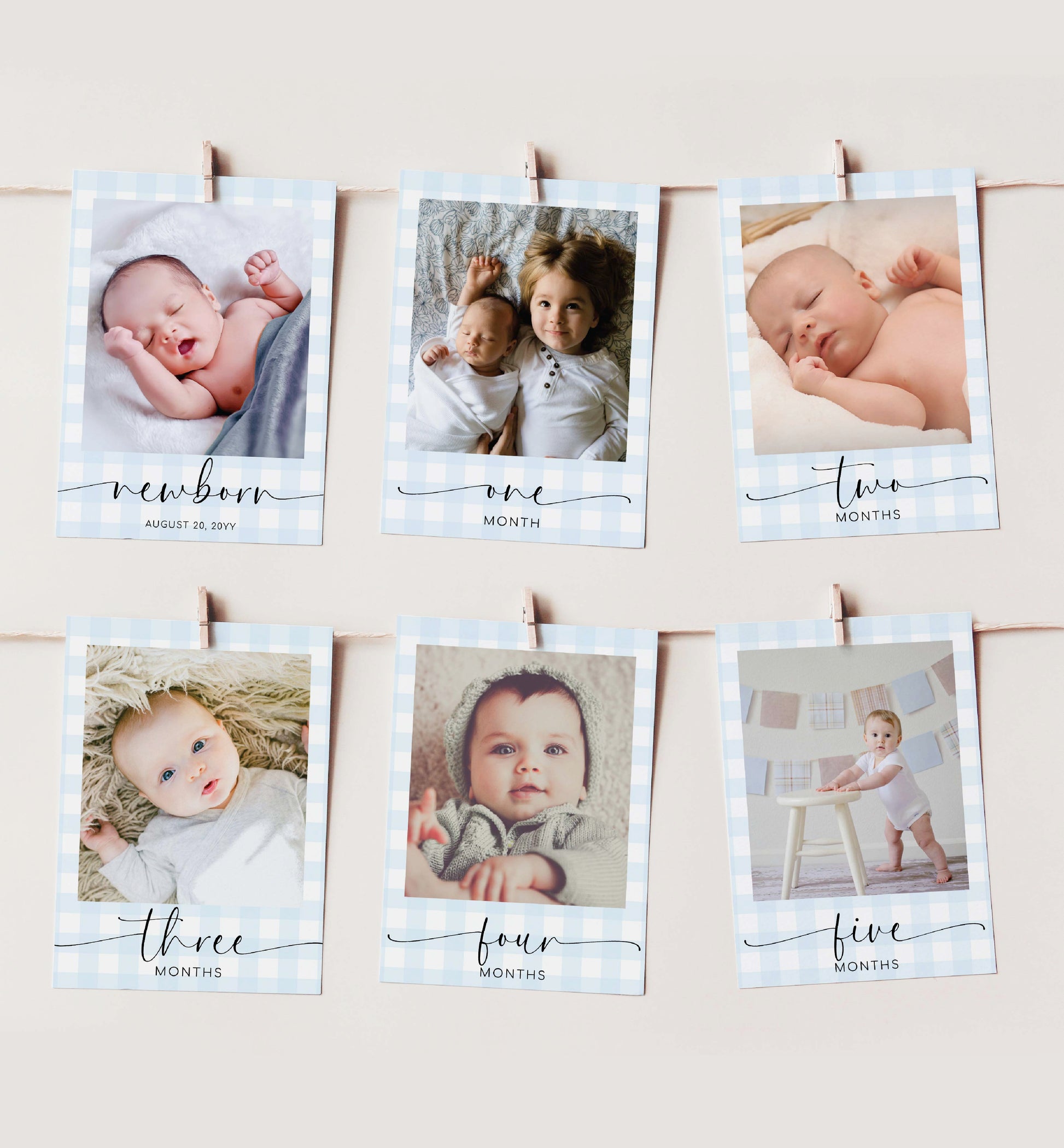 Printable First Birthday Photo Timeline Banner, Blue Gingham, 1st Birthday Photo Cards, First Year Photo Collage, Milestone Photo Timeline