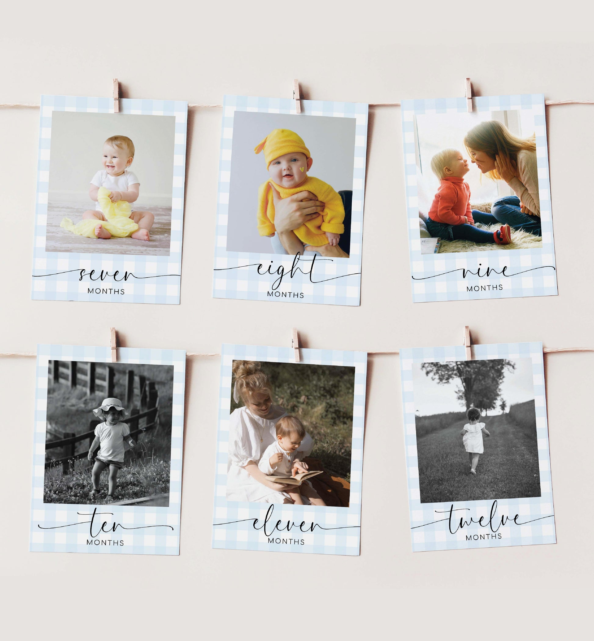 Printable First Birthday Photo Timeline Banner, Blue Gingham, 1st Birthday Photo Cards, First Year Photo Collage, Milestone Photo Timeline