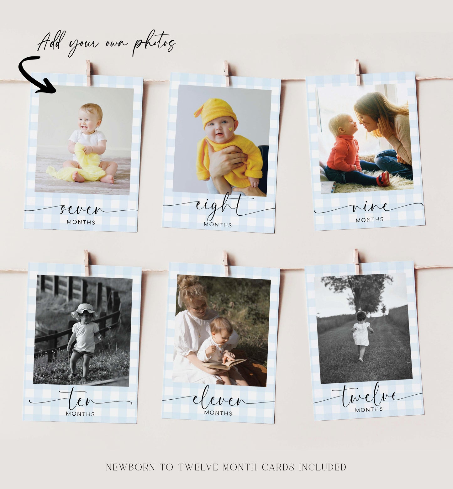 Printable First Birthday Photo Timeline Banner, Blue Gingham, 1st Birthday Photo Cards, First Year Photo Collage, Milestone Photo Timeline