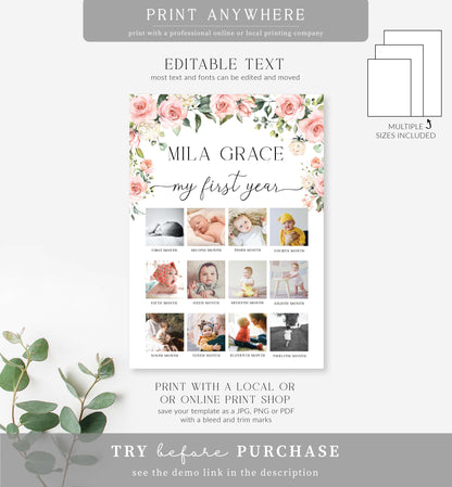 Darcy Floral Pink | Printable My First Year Photo Timeline Sign Template