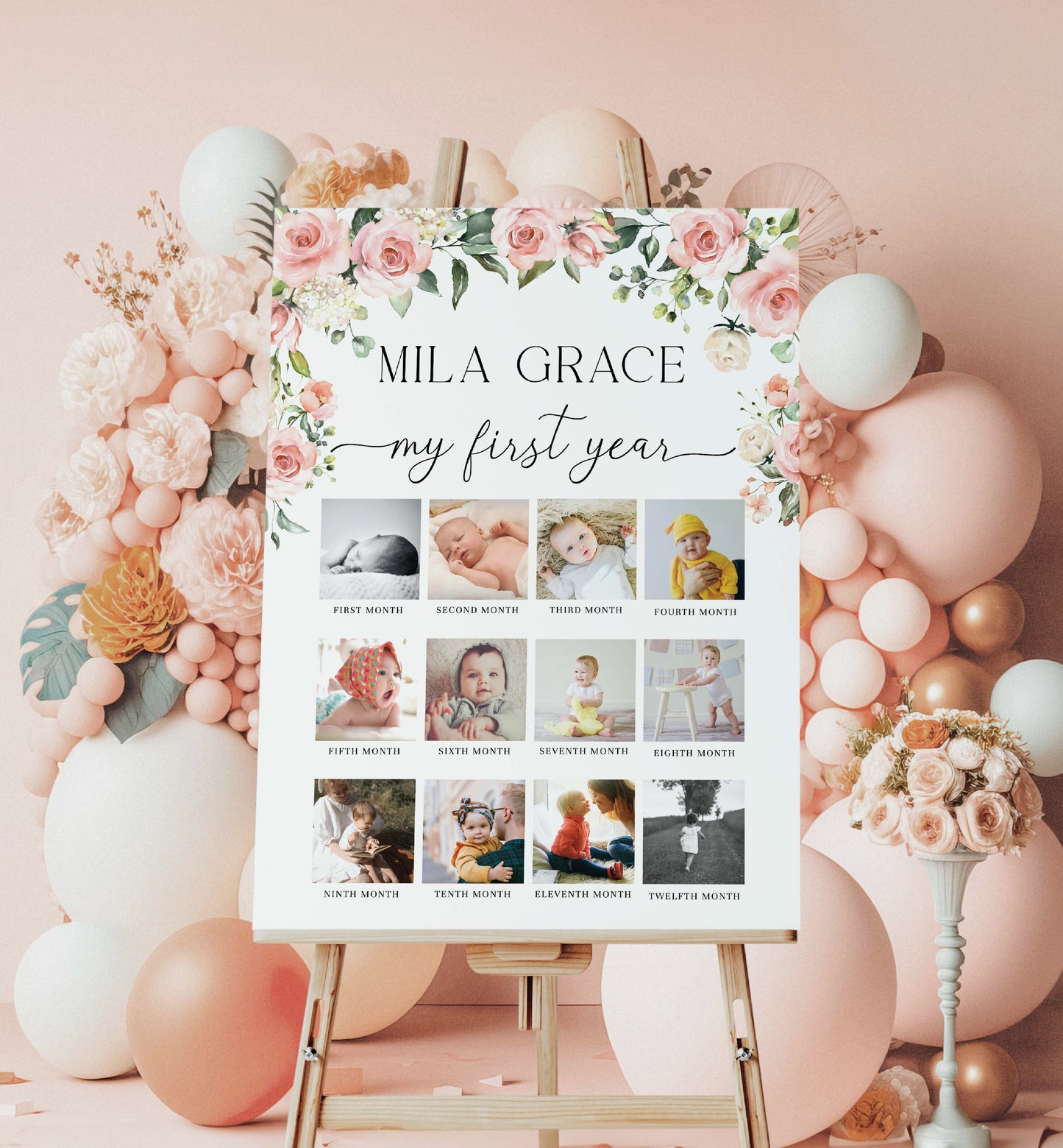 First Birthday Photo Timeline Sign, Printable 1st Birthday Photo Banner, First Year Photo Collage Sign, Monthly Photo Milestone Sign, Darcy