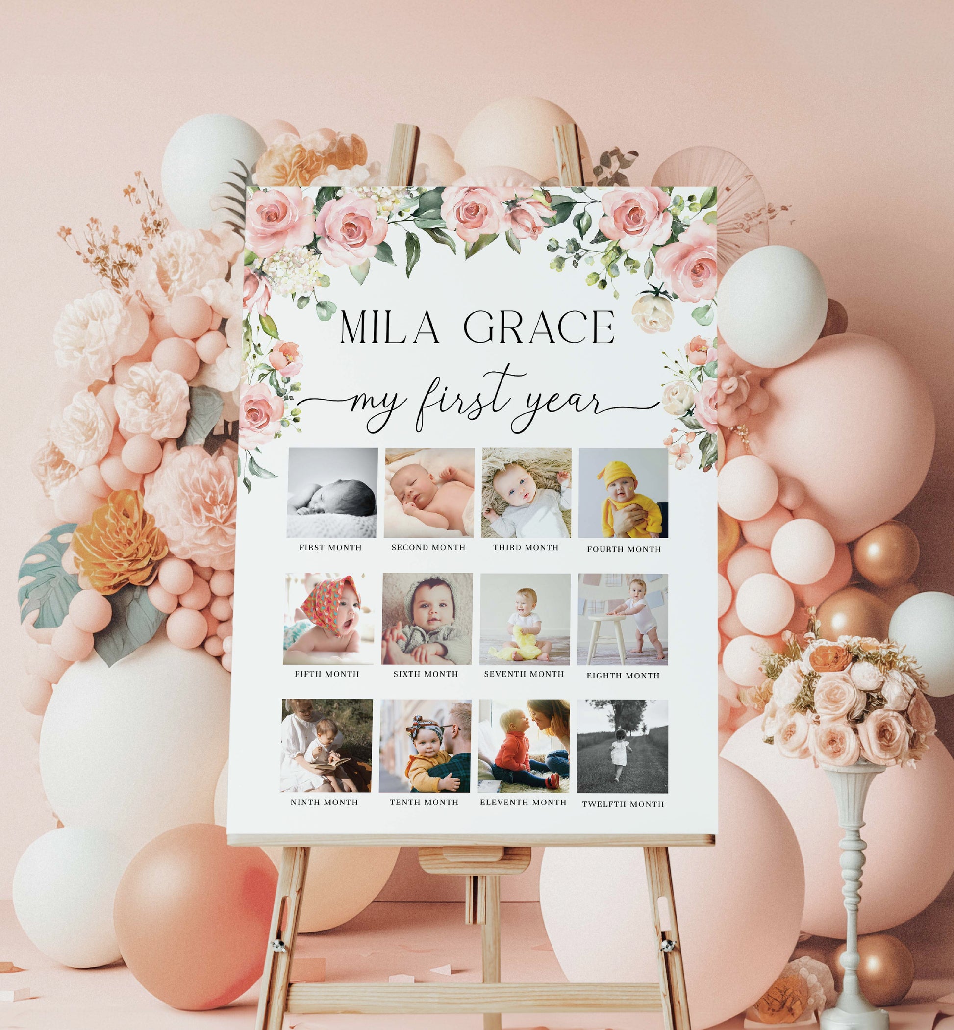 First Birthday Photo Timeline Sign, Printable 1st Birthday Photo Banner, First Year Photo Collage Sign, Monthly Photo Milestone Sign, Darcy