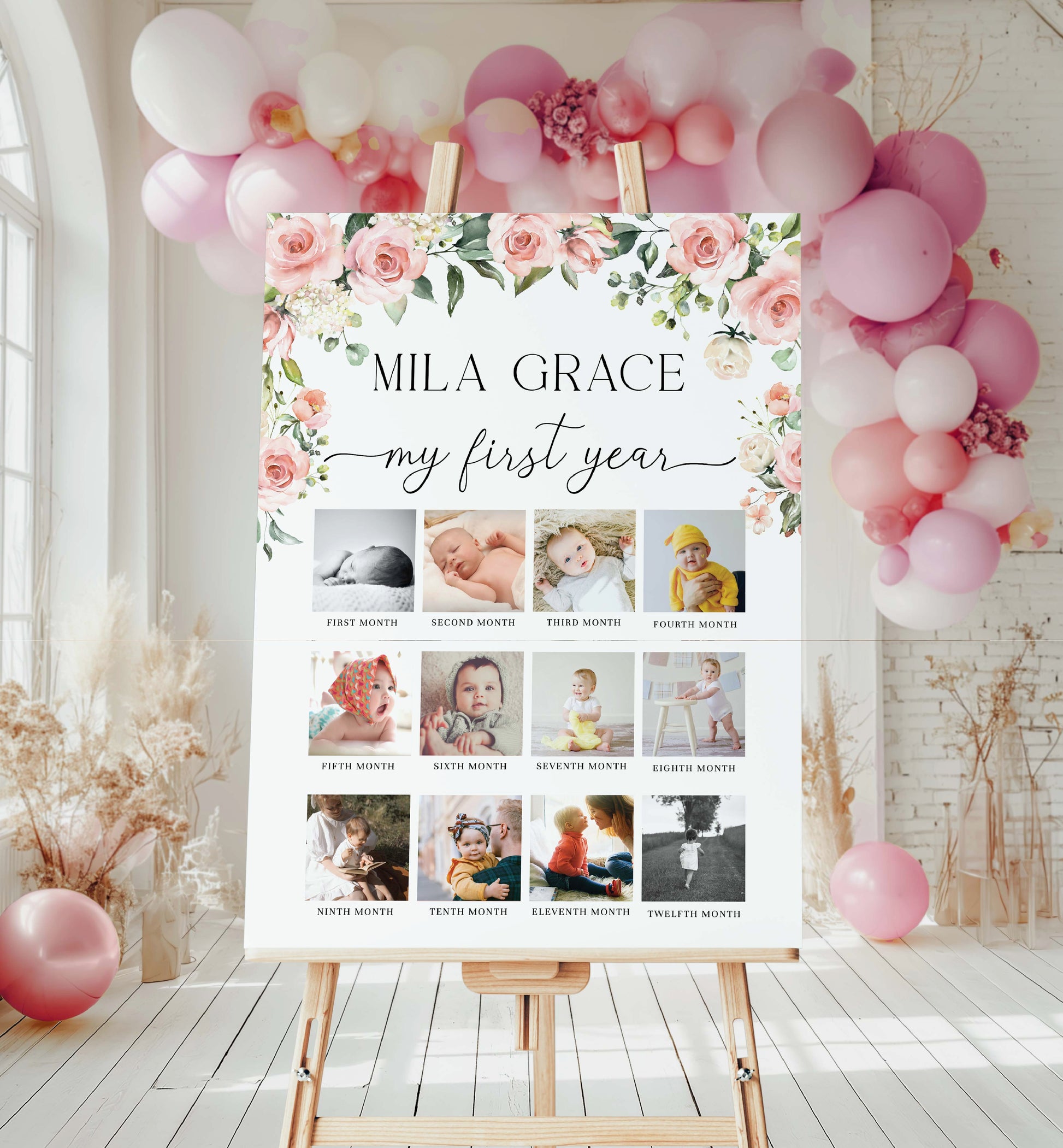 First Birthday Photo Timeline Sign, Printable 1st Birthday Photo Banner, First Year Photo Collage Sign, Monthly Photo Milestone Sign, Darcy